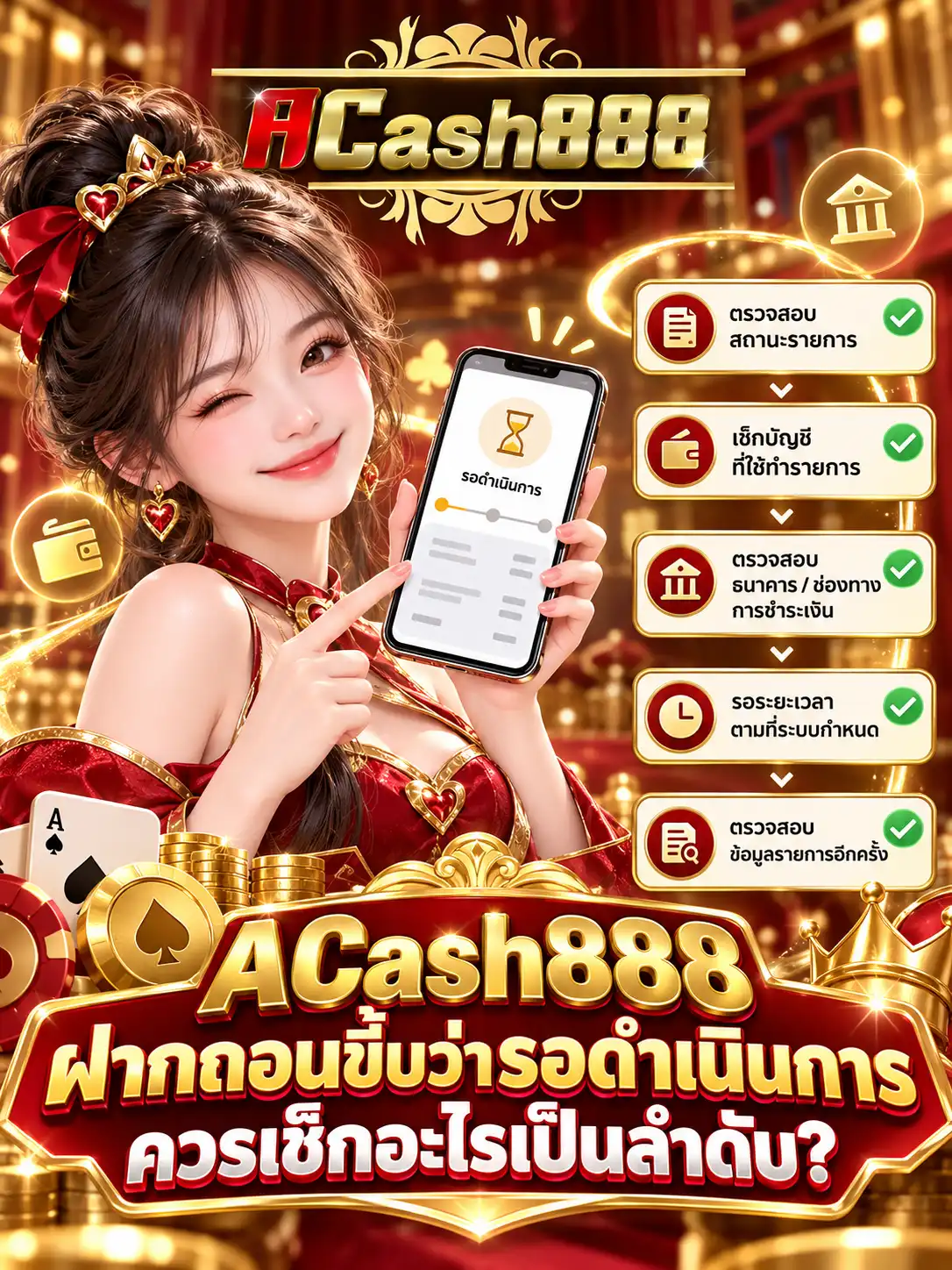ACash888 ฝากถอนขึ้นว่ารอดำเนินการ ควรเช็กอะไรเป็นลำดับ?